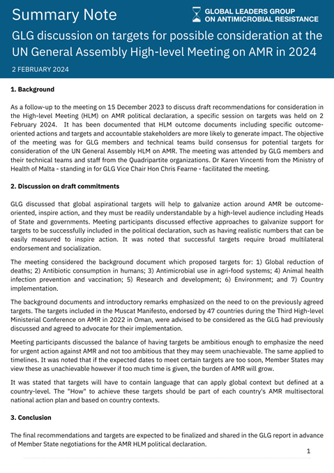 Summary Note on the meeting to discuss targets for possible consideration at the UNGA High-level Meeting on AMR in 2024