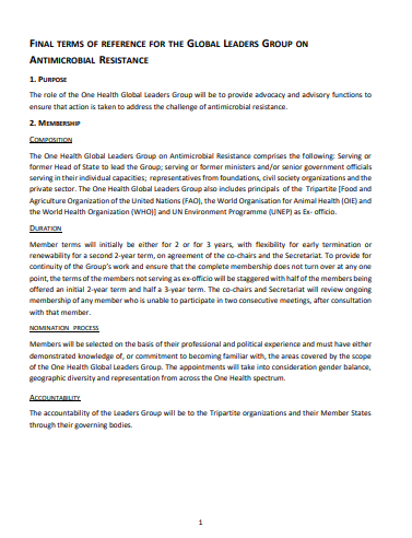 Terms of Reference for the Global Leaders Group on Antimicrobial Resistance